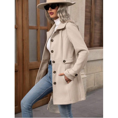 Elegant Single-breasted Woolen Coat Buttons Lapel Mid-length Jacket Temperament Commuter Outwear Clothing For Women