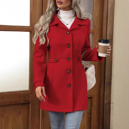 Elegant Single-breasted Woolen Coat Buttons Lapel Mid-length Jacket Temperament Commuter Outwear Clothing For Women