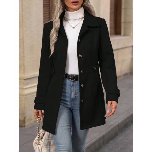 Elegant Single-breasted Woolen Coat Buttons Lapel Mid-length Jacket Temperament Commuter Outwear Clothing For Women