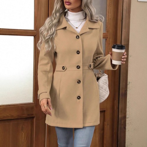 Elegant Single-breasted Woolen Coat Buttons Lapel Mid-length Jacket Temperament Commuter Outwear Clothing For Women