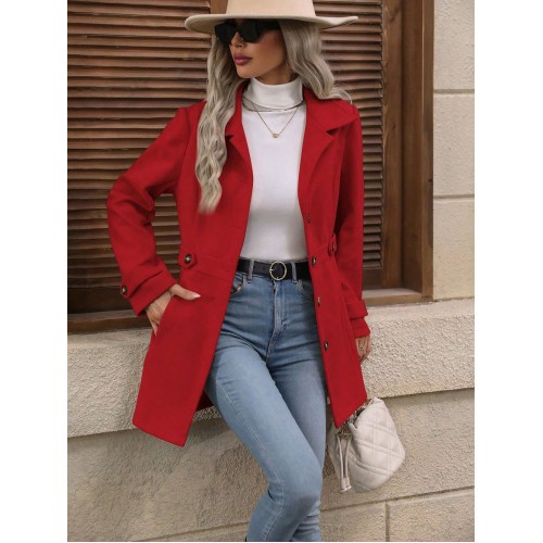 Elegant Single-breasted Woolen Coat Buttons Lapel Mid-length Jacket Temperament Commuter Outwear Clothing For Women