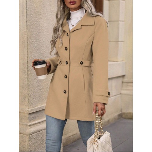 Elegant Single-breasted Woolen Coat Buttons Lapel Mid-length Jacket Temperament Commuter Outwear Clothing For Women